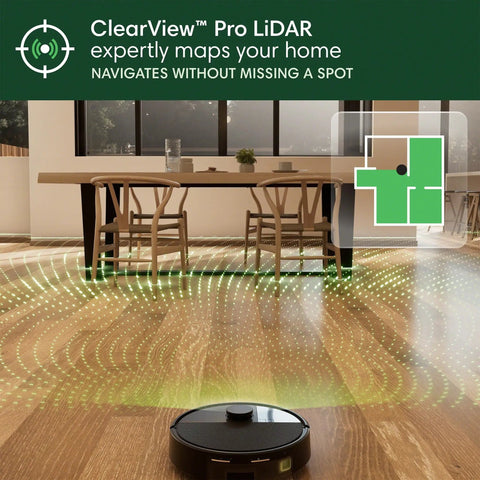 Max 705 Robot Vacuum With Auto Empty Dock And Kickass Suction expertly maps wooden floor with LiDAR navigation in dining room