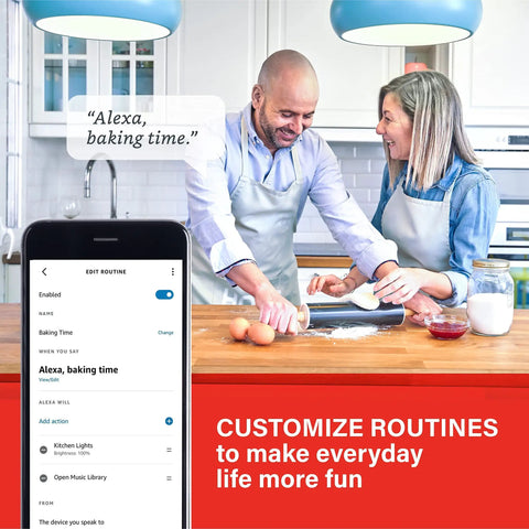Couple in kitchen using Alexa Compatible A19 LED Bulbs 60W Equivalent 800 Lumens Daylight 5000K Dimmable Bluetooth Mesh E26 Base