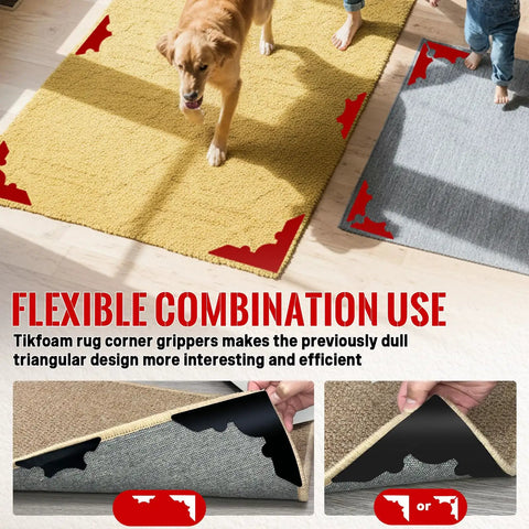 Non Slip Rug Grippers Corner Tapes Set That Will Not Damage Floors on rugs with a dog and hands showing grip application.