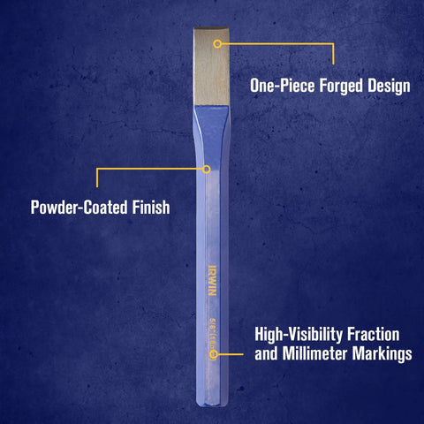 Blue chisel with powder-coated finish and high-visibility markings, one-piece forged design from Chisel And Punch Set 12 Pack With Assorted Sizes One Piece Forged For Strength Hardened And Tempered For Long Life Powder Coated For High Visibility Ideal For Woodworking Demolition And Diy Projects