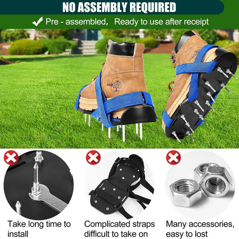 Pre-assembled Lawn Aerator Shoes With Spikes, Classic Durable PP Sole Footwear, Includes Stainless Steel Shovel And Wrench, 11.5 Inch Long By 5 Inch Wide, Black Blue, shown on grass.