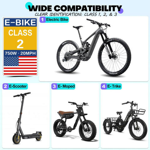 Class 2 EBike Sticker Set, Waterproof Reflective Decals For Electric Bikes, 750W Power Labels, 20 MPH Compliance, American Flag Design For Clear EBike Identification