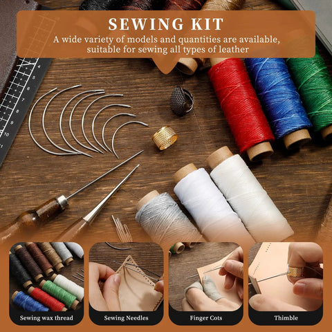 All In One Leather Tool Kit For Crafting And Leatherwork, Pro Grade Leathercraft Set With needles, thread, and finger cots