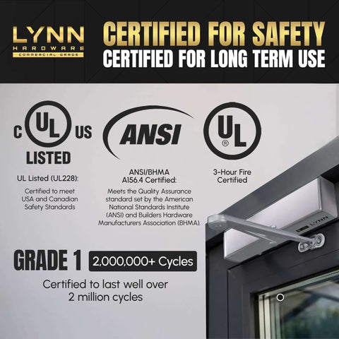 Image of Heavy Duty Automatic Door Closer For Commercial Doors Contractor Grade With Adjustable Speed Delayed Closing Timer Mounting Options Three Hour Fire Silver Finish Built Tough For High Traffic Doors Up To Five Thousand Openings Per Day Model DC9016 showing certifications and installation