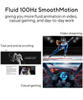 Image displaying a monitor screen with text about Fluid 100Hz SmoothMotion, showing examples of text scrolling, video streaming, and gaming.