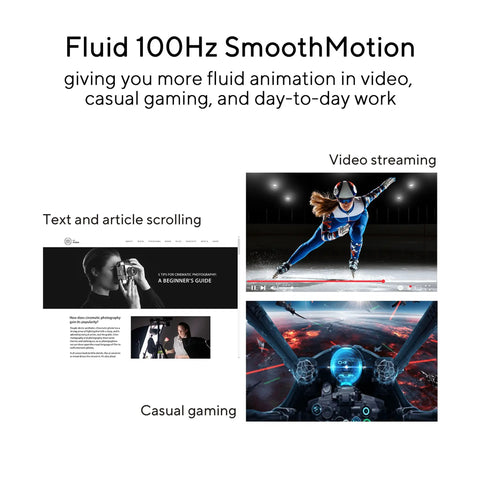 Image displaying a monitor screen with text about Fluid 100Hz SmoothMotion, showing examples of text scrolling, video streaming, and gaming.