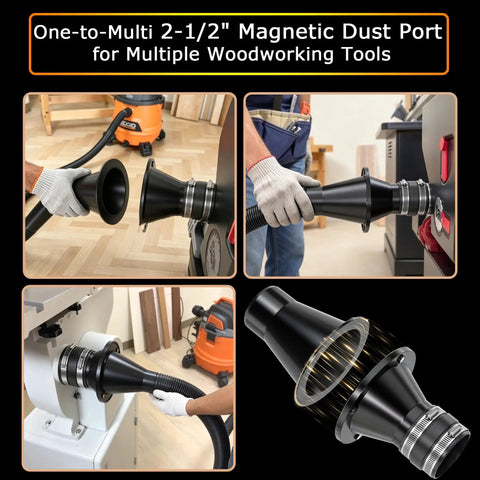 Premium Magnetic Dust Collection Kit For 2 Inch To 2-1/2 Inch Hose Conversion, featuring a magnetic dust port for woodworking tools.