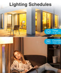 3 Way Smart Light Switches With Voice And App Control Requires Neutral Wire And 2.4 GHz WiFi FCC Listed No Fuss Install Perfect 4 Pack For Any Home Smart Setup showing lighting schedule feature with timer and countdown options.