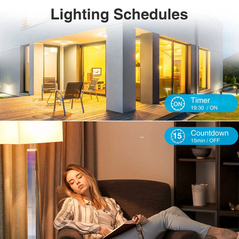 3 Way Smart Light Switches With Voice And App Control Requires Neutral Wire And 2.4 GHz WiFi FCC Listed No Fuss Install Perfect 4 Pack For Any Home Smart Setup showing lighting schedule feature with timer and countdown options.