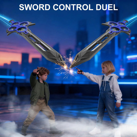 Children controlling Massive 29 Inch Flying Sword RC Airplane With Gesture Control And 360 Degree Flips Dagger Style in duel.
