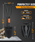 Foldable 18 Inch Survival Shovel With Saw Edge Military Grade Carbon Steel Collapsible Backpack Shovel For Hiking And Camping Heavy Duty Gear With Carry Case, unfolded and folded with size and weight details on display.