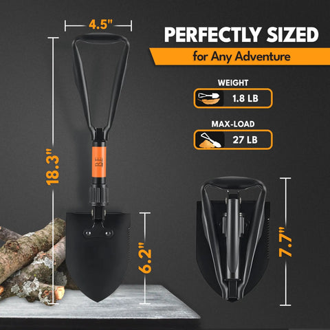 Foldable 18 Inch Survival Shovel With Saw Edge Military Grade Carbon Steel Collapsible Backpack Shovel For Hiking And Camping Heavy Duty Gear With Carry Case, unfolded and folded with size and weight details on display.