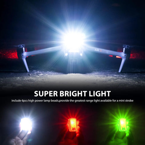 Rechargeable Drone Strobe Light LED Lamp For Night Flights FAA Ready Beacon illuminating the ground and three light colors.