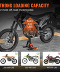 Heavy Duty Dirt Bike Lift Stand With 440 Lb Capacity And Hydraulic Lift displayed under a dirt bike on a workshop floor