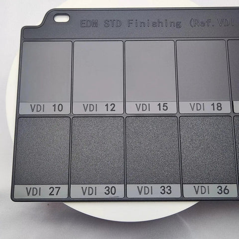 Surface Roughness Comparison Block Pro Grade VDI 12 To 45 Spark Erosion Texture Plate For EDM Mold Grain Finish Gauge 160x100mm Gray, High Precision Reference For Industrial Surface Finish Quality Control. Close-up of VDI 10-36 texture panels