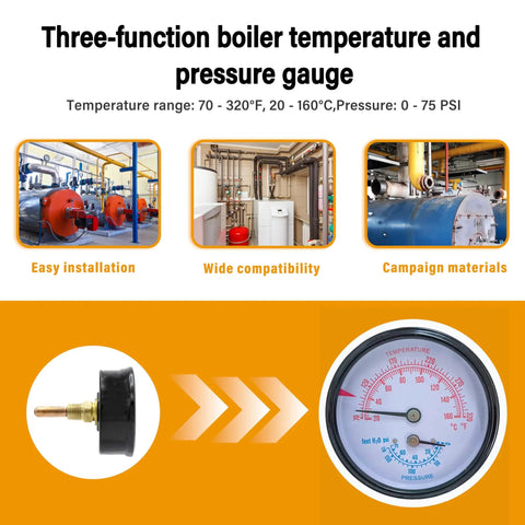Replacement Boiler Gauge For Tridicator Two And A Half Inch Dial NPT With 1.5 Inch Stem Bronze Build Temperature Range