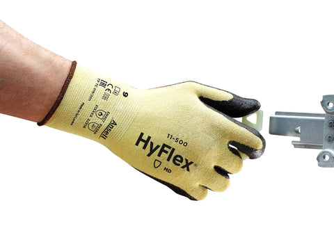 HyFlex 11-500 Kevlar Cut-Resistant Work Glove With Foam Nitrile Grip, Knit Wrist Cuff, X-Large Size 10, holding metal object