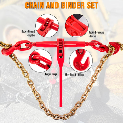 Heavy Duty Chain Binders And Tie Down Chains 3/8 To 1/2 Inch 10 Foot Length With G70 Hooks Ratchet Load Binders 9,215 Lb