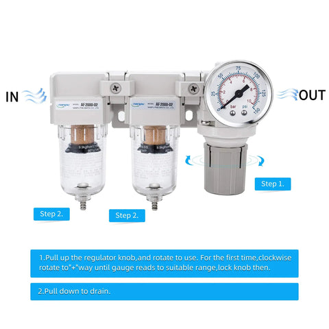 1/4 Inch NPT Air Drying System With Double Air Filters And Regulator, Semi Auto Drain, Poly Bowl, 5 Micron Brass Filters