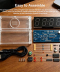 4 Digital Clock DIY Soldering Practice Kits With Color Display Electronics Build Alarm Clock Projects For Fun Learn Hands On Soldering Includes English Instructions Night Light Temperature Date And Week Display parts laid out