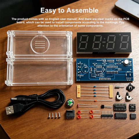 4 Digital Clock DIY Soldering Practice Kits With Color Display Electronics Build Alarm Clock Projects For Fun Learn Hands On Soldering Includes English Instructions Night Light Temperature Date And Week Display parts laid out