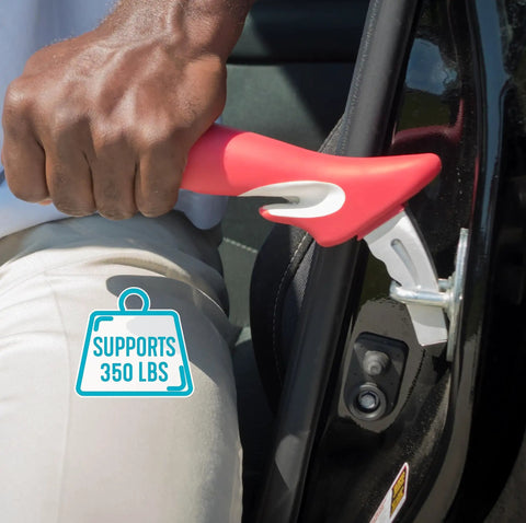 Portable Car Door Grab Bar With Window Breaker And Seat Belt Cutter For Adults And Seniors, Non Slip Grip, Lightweight Vehicle Support Handle For Getting In And Out, Emergency Safety Tools in use on car door