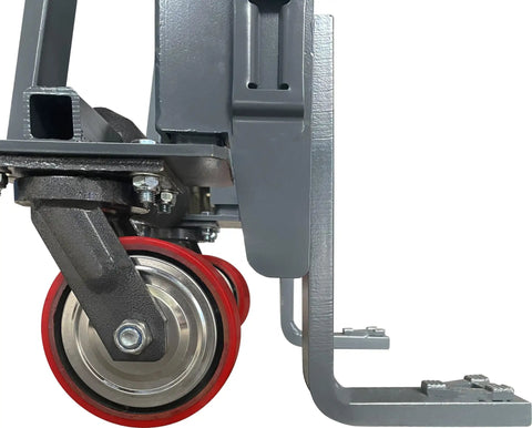 Dual PU on steel swivel wheels of Beefed Up Heavy Duty 4,000 Lb Hydraulic Machinery Mover With Adjustable Forks From 4.5 To 19 Inches.