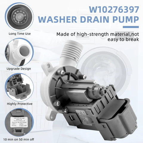 Washer Drain Pump Replacement 120V 60Hz 114W No Nonsense High Performance Drain Pump For Front Load Washers Fits Common Style Units With Efficient Water Removal And Quiet Operation Easy Install, W10276397