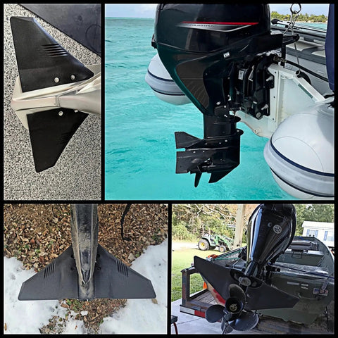 Doel Fin Hydrofoil Stabilizer for Outboard Motors and Stern Drives Boosts Stability, shown on various boat engines