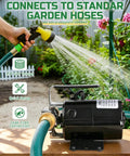 1/10HP Electric Water Transfer Pump With Two 6Ft Garden Hoses For Hassle Free Rain Barrel Draining And Reliable Flood Water Removal At A Steady 330GPH Flow showing connection to garden hose with water spraying.