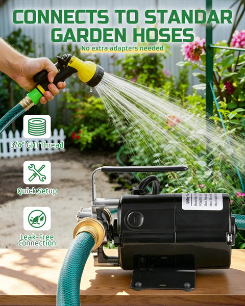 1/10HP Electric Water Transfer Pump With Two 6Ft Garden Hoses For Hassle Free Rain Barrel Draining And Reliable Flood Water Removal At A Steady 330GPH Flow showing connection to garden hose with water spraying.