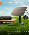 56 Ft Solar String Lights With Remote And USB Charging, solar panel, remote control, and bulbs on grass