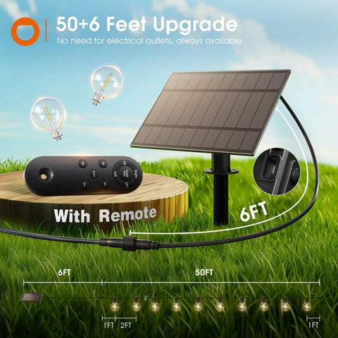 56 Ft Solar String Lights With Remote And USB Charging, solar panel, remote control, and bulbs on grass