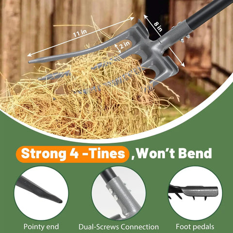 46 Inch Long Heavy Duty Garden Fork With 35 Inch Metal Handle And 4 Tine Carbon Steel Head For Easy Yard Work Digging Compost Mulch And Loosening Soil Potatoes And Transplanting In Gardens And On Farms shown with size measurements