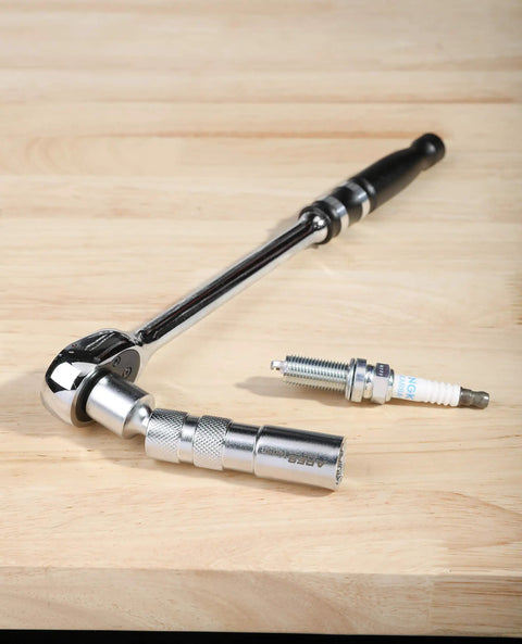 Magnetic Swivel Spark Plug Socket Set, 3/8 Inch Drive, Thin Wall Design with spark plug on wooden surface