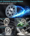 Pro 44Pcs Cutting Wheel Kit for rotary tools, showing 545 diamond cutting wheels in action on stone, jade, glass, ceramic surfaces.