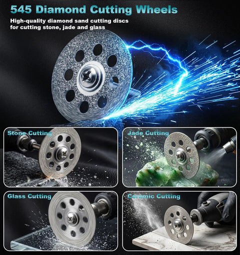Pro 44Pcs Cutting Wheel Kit for rotary tools, showing 545 diamond cutting wheels in action on stone, jade, glass, ceramic surfaces.