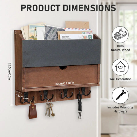 Wall-mounted efficient mail sorting organizer for office and school, wooden multi-compartment, hooks for keys, dimensions shown.