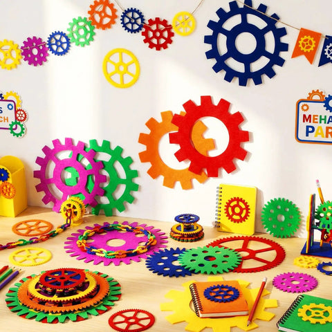 Colorful Gear Shaped Felt Decor Mats Set Of 48 In Four Sizes 3.1, 4.7, 6.2 And 7.8 Inches for craft and classroom decor.