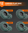12Pcs Pro Grade Heavy Duty Mixed Curved Flap Discs Set showing varied grits 40, 60, 80, and 120 for sanding and finishing.