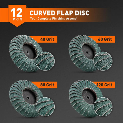 12Pcs Pro Grade Heavy Duty Mixed Curved Flap Discs Set showing varied grits 40, 60, 80, and 120 for sanding and finishing.