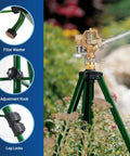 Beefed Up Brass Impact Sprinkler With Adjustable Metal Tripod, 1/2 Inch Head, 360 Degree Coverage, heavy duty irrigation for lawns