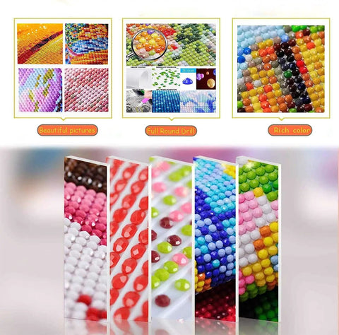 Close-up views of 5D Diamond Painting Kit For Adults And Beginners Easy DIY Flower House Art with full round drill gems in various colors.
