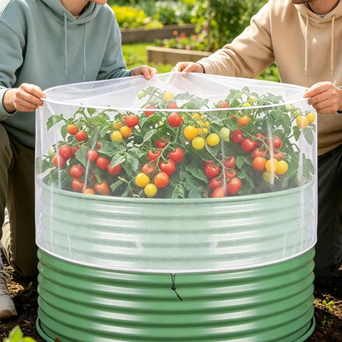 Garden Shield Net For Raised Beds, Bird Exclusion Mesh To Protect Vegetables Berries And Herbs, Circular Bed Cover over tomatoes