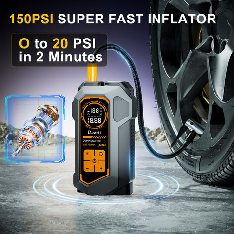 Ultimate 10 In 1 Car Jump Starter With Air Compressor 6000A inflating tire to 150 PSI on road