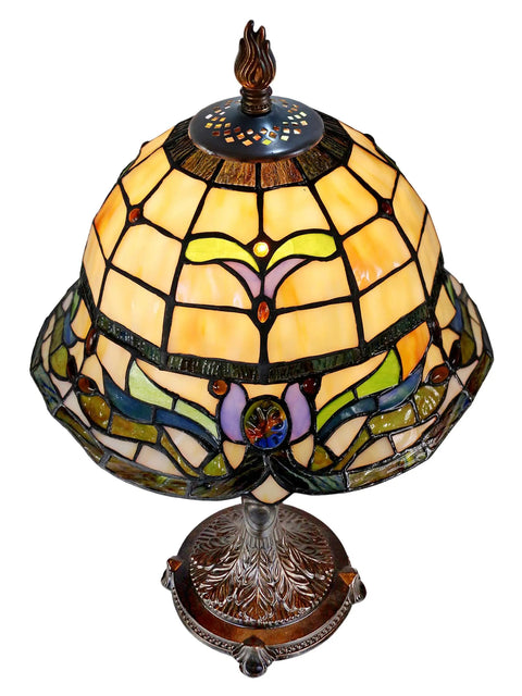 Fieldstone Finish Table Lamp With Art Glass Shade In Black, Tiffany Inspired Lighting, Inline On Off Switch, stained glass detail