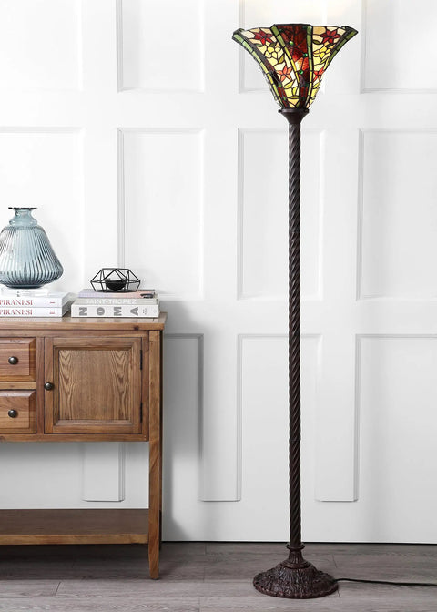 71-Inch Bronze Tiffany-Style Torchiere Floor Lamp With Dope Handcrafted Stained Glass Shade Featuring Floral Motif Classic Art Nouveau Iron Standing Lamp LED Bulb Included in living room setting, next to wooden cabinet.