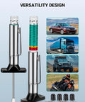 Three Pack Tire Tread Depth Gauge Set With Color Coded Readouts In Thirty Second Inch Increments For Quick Car And Semi Truck Tire Wear Checks No Fuss Easy To Read And Accurate Tread Depth Tool Includes Extra Valve Caps showing versatility design.