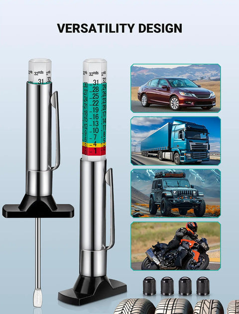 Three Pack Tire Tread Depth Gauge Set With Color Coded Readouts In Thirty Second Inch Increments For Quick Car And Semi Truck Tire Wear Checks No Fuss Easy To Read And Accurate Tread Depth Tool Includes Extra Valve Caps showing versatility design.