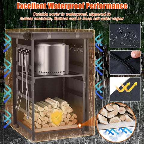 Fire Pit Storage Station For Solo Stove And Other Fire Pits With Heavy Duty Steel Frame And Waterproof Cover, wood storage visible